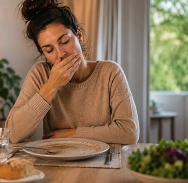 Femme fatiguée après son repas, assise à table devant une assiette vide dans un intérieur chaleureux