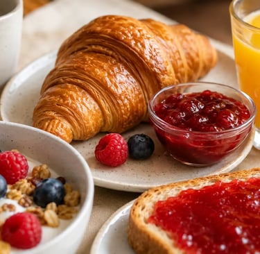 Croissant, tartines à la confiture, jus d’orange et bol de céréales avec fruits rouges sur une table.
