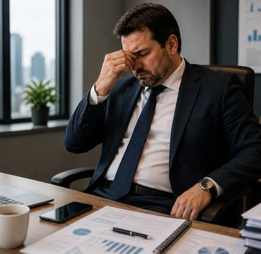 Homme stressé et fatigué au bureau, assis devant son ordinateur dans un environnement professionnel.