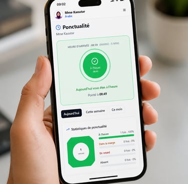 Une interface mobile d'un professeur qui consulte le statut de sa ponctualité en temps réel.