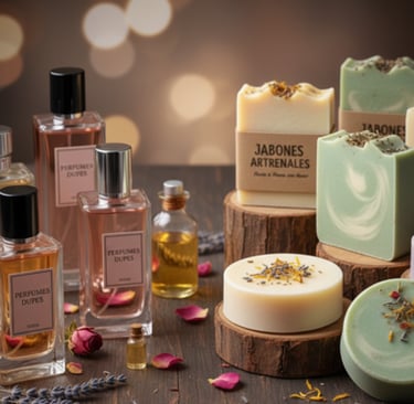 Perfumes dupes, esencias y jabones artesanales sobre una mesa