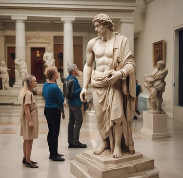 A group of travelers enjoying a guided walking tour, using their phones to scan QR codes along the route.