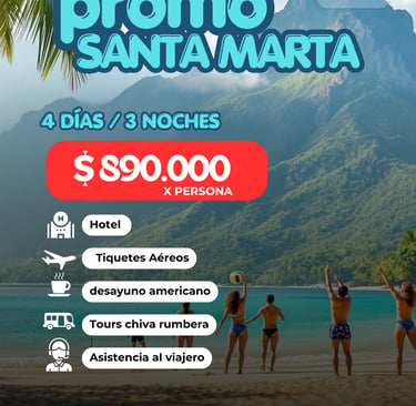 Travel promo for Santa Marta, Colombia, including flights, hotel, and breakfast with beach scenery.