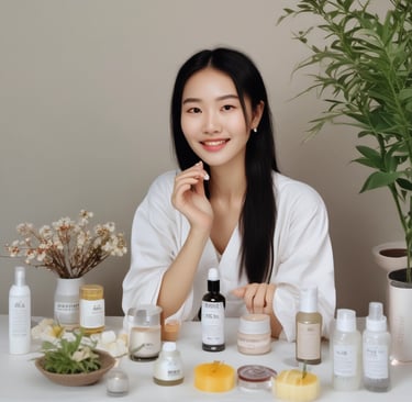 A vibrant flat lay of diverse skincare products with natural ingredients like aloe and chamomile.