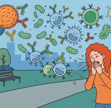 Illustration of a woman sneezing in a park with floating pollen, bacteria, and immune system antibodies.