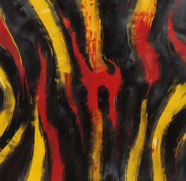 gray and white building with red, yellow, and black striped flag on roof