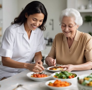 A friendly caregiver and an elderly man sharing a laugh while preparing a simple meal together in a bright kitchen.