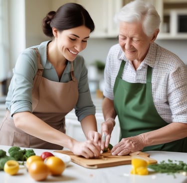 A caregiver gently assisting a smiling elderly woman with a warm blanket in a cozy living room.