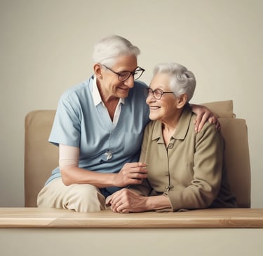 A caregiver helping an elderly woman with mobility support as they walk slowly through a sunny garden.