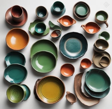 Close-up of vibrant rattan baskets and colorful pottery typical of bohemian decor styles.