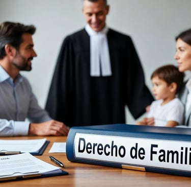 dos padres con su hijo y un juez, frente al derecho de familia