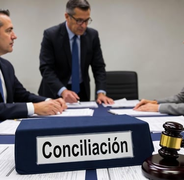 dos personas conciliando con un juez
