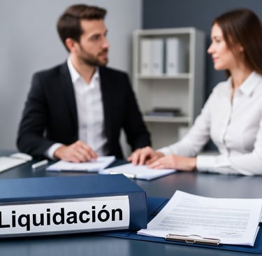 dos personas reunidas, una firmando el retiro y liquidación