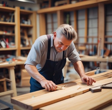 Gros plan sur des mains mesurant du bois avec un mètre ruban sur un établi.