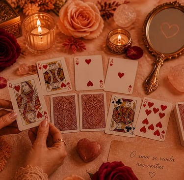 Consulta de cartomancia do amor com baralho comum de 52 cartas sobre mesa mística para orientação