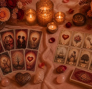 Comparativo entre as cartas do Tarot do Amor e o Baralho Cigano sobre uma mesa de consulta esotérica