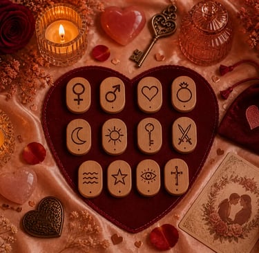 Conjunto de 13 runas das bruxas para consulta online sobre amor, destacando a runa do destino