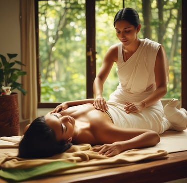 Ayurvedic treatment room with expert doctor preparing herbal oils.