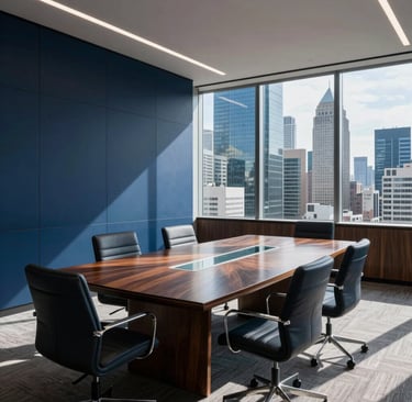 A professional wide shot of a modern, high-end office meeting room in a South American financial district. Sunlight illuminates a polished dark wood table with glass accents. The atmosphere is sophisticated and authoritative, using dark blue and muted blue tones in the decor.