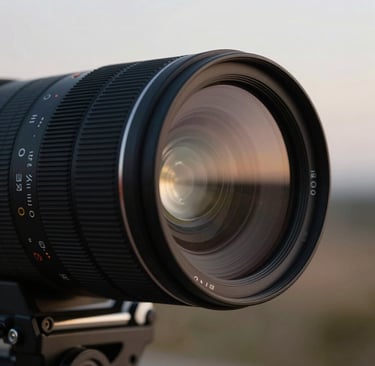 A close-up photograph of a professional cinema lens focusing on an Angolana landscape at dusk, featuring deep charcoal black shadows and soft off-white highlights on the glass, cinematic lighting, 8k resolution.