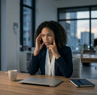Stressed businesswoman with headache working late in a modern office desk setting.
