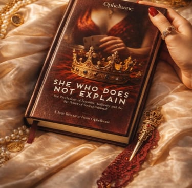 Ophelianne book "She Who Does Not Explain" on silk fabric surrounded by gold jewelry and pearls