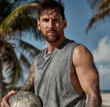 Lionel Messi holding a soccer ball on a tropical beach with palm trees in the background.
