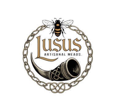 Lusus Artisanal Meads logo featuring a honey bee and drinking horn in a celtic chain frame.