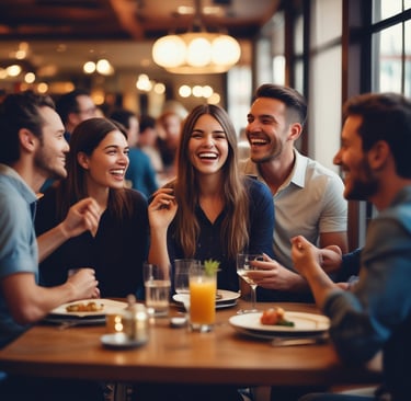Interior shot of a bustling restaurant with smiling staff and satisfied guests.