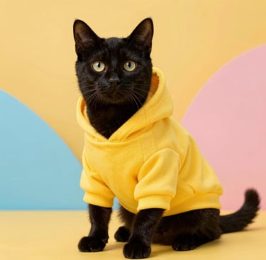 Un gato negro con una sudadera amarilla brillante está sentado sobre un colorido fondo p