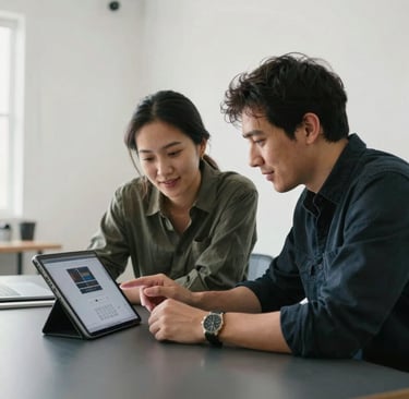 Two professionals collaborating in a North American / US creative studio, sitting at a charcoal-colored table. They are looking at a tablet screen together with a blurred digital layout visible. The setting is bright with pure white walls and soft natural lighting. The mood is friendly, showing a partnership focused on real-world results.