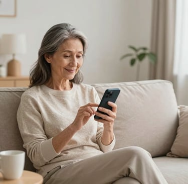 A cozy living room scene with soft lighting, showing a senior reading a text message on a simple phone.