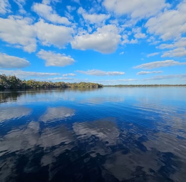 A picture of a partly cloudy day, looking over Lake George, Florida