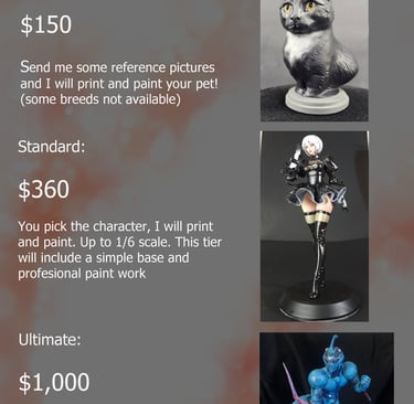 Custom 3D print commission pricing guide featuring painted pet busts and anime figurines.