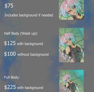 Digital art commission pricing list with anime style bust, half body, and full body character examples.