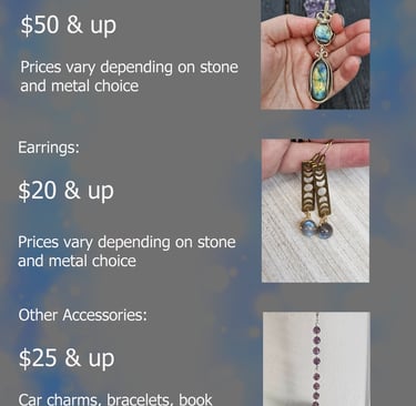 Custom jewelry commission pricing for wire wrapped labradorite necklaces, moon phase earrings, and stone accessories.
