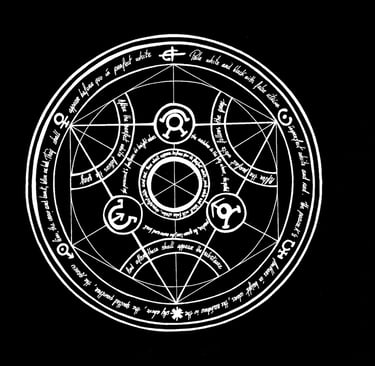 Fullmetal Alchemist logo with a large alchemical transmutations circle on a black background, perfect for anime fans.