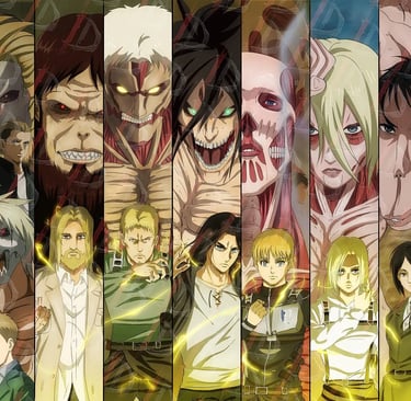 A collage of Nine Titans and their human shifters from the Attack on Titan anime series.
