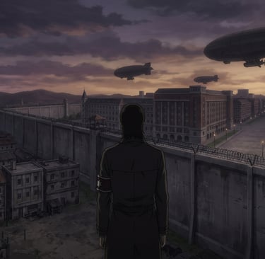 Eren Yeager overlooking the Liberio internment zone and airships at sunset in Attack on Titan.