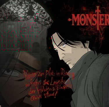 Anime fan art of Kenzo Tenma from "Monster" with text, red blood splatter effect, and a gothic building in the background.