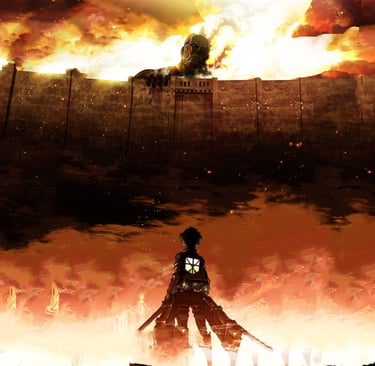 Eren Yeager faces the Colossal Titan towering over Wall Maria, in a dramatic, fiery scene from Attack on Titan.
