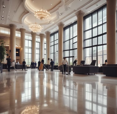 Professional cleaner polishing hardwood floors in a bright residential lobby