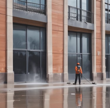 Power washing the exterior brick facade of a multi-unit property on a sunny day