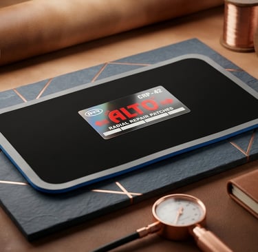 Alto radial repair patches for professional tyre maintenance on a workshop table.
