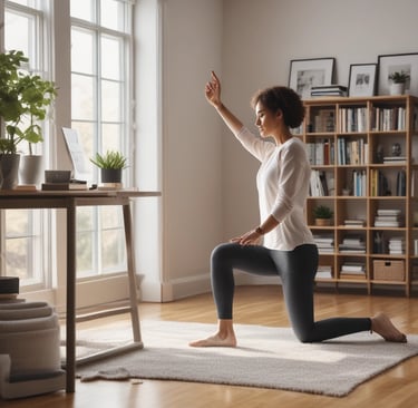 Bright living room with women completing stretches
