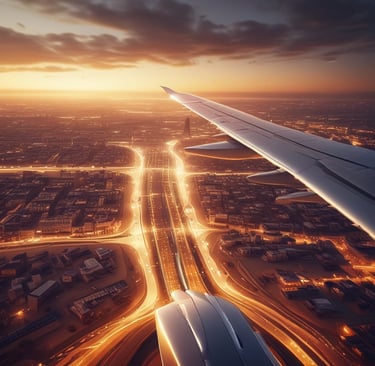 Image of a group of happy pilgrims boarding a plane for their journey.