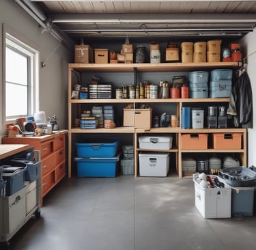 Wall-mounted racks holding bicycles and garden tools, maximizing floor space
