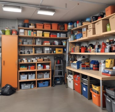 Before and after shot of a garage corner cleared of tools and neatly organized with labeled storage bins