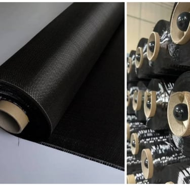 Rolls of T300 and T700 carbon fiber prepreg fabric, showing high-strength twill weave material used 