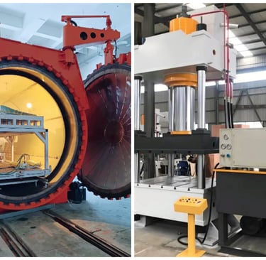 Industrial composite autoclave machine and hydraulic press for manufacturing aerospace components.